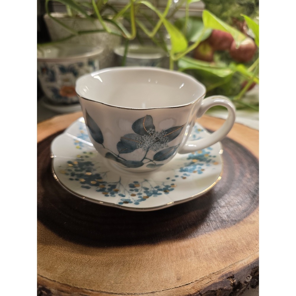 Grace Teaware Teal Gold and‎ Blue Floral Tea Cup and Saucer Set